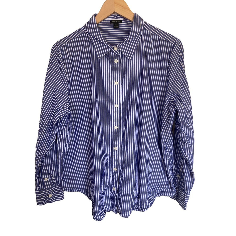 Ann Taylor Blue White Striped Button Down Shirt XL Cotton Viscose Long Sleeve